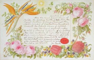 Ein Kranz aus gemischten Blumen mit einer Inschrift von Joseph Banks, 1814 von Francis Bauer